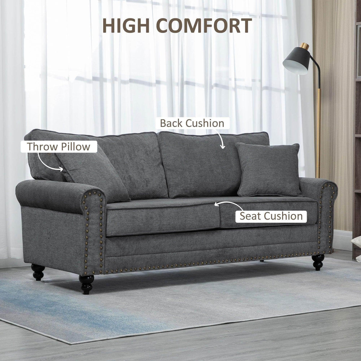 Gray loveseat with multiple back cushions and a throw pillow