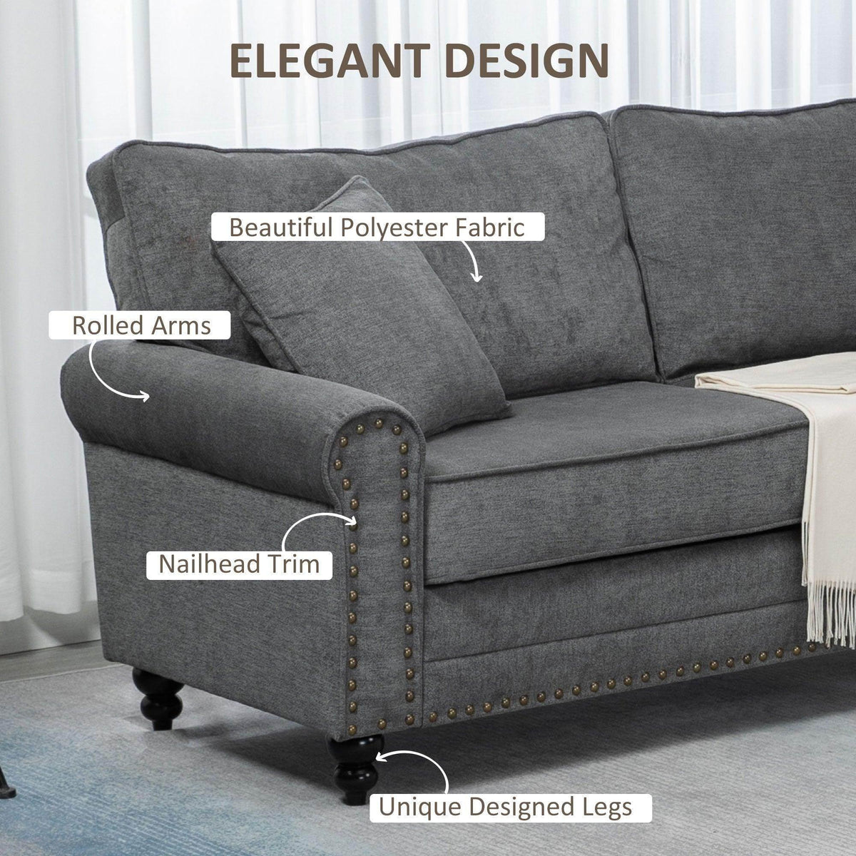 Gray upholstered loveseat with rolled arms, nailhead trim, and turned legs