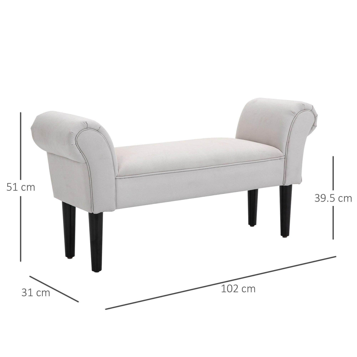 Light grey ottoman bench with rolled arms and black legs, shown from side