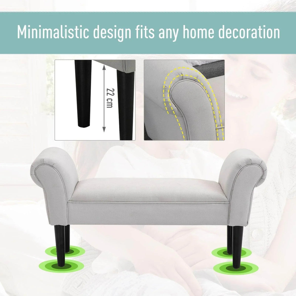 Light grey ottoman bench with rolled arms and black legs, front view