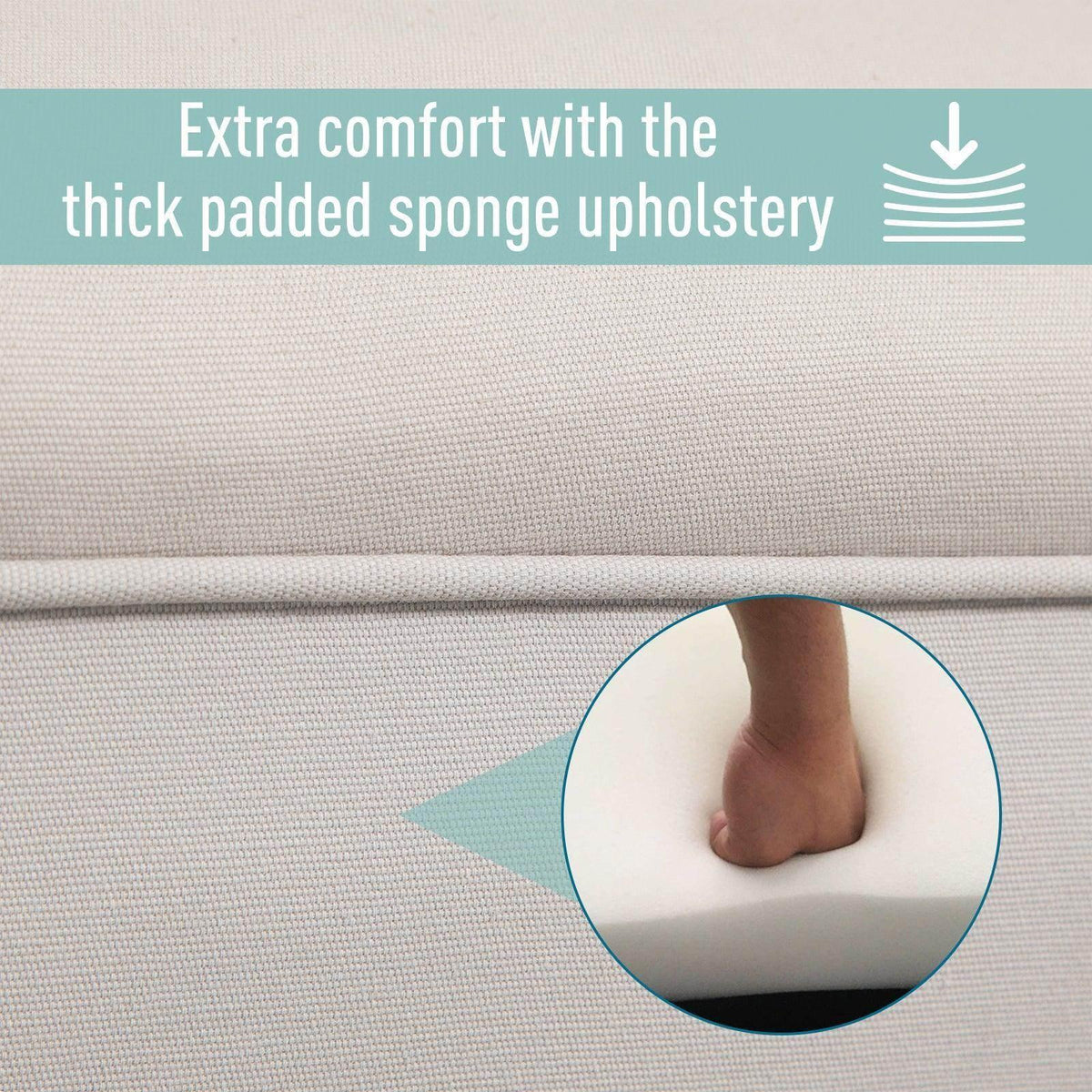 Light grey fabric upholstery with thick padding detail and black legs