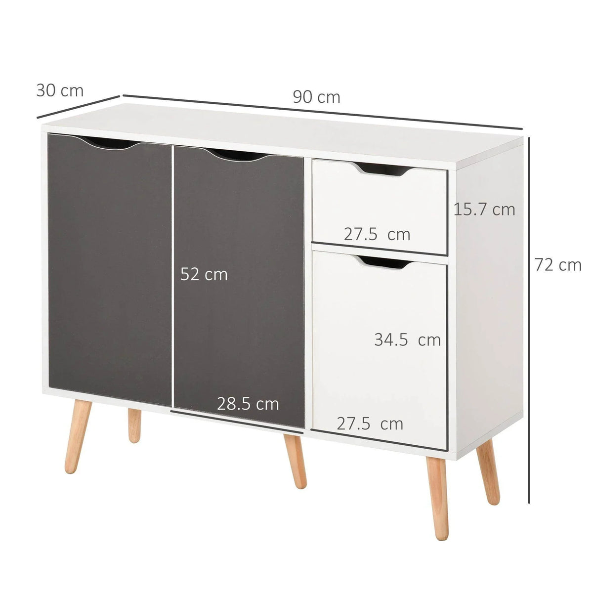 Grey and white sideboard cabinet with side doors and stacked drawers, tapered legs