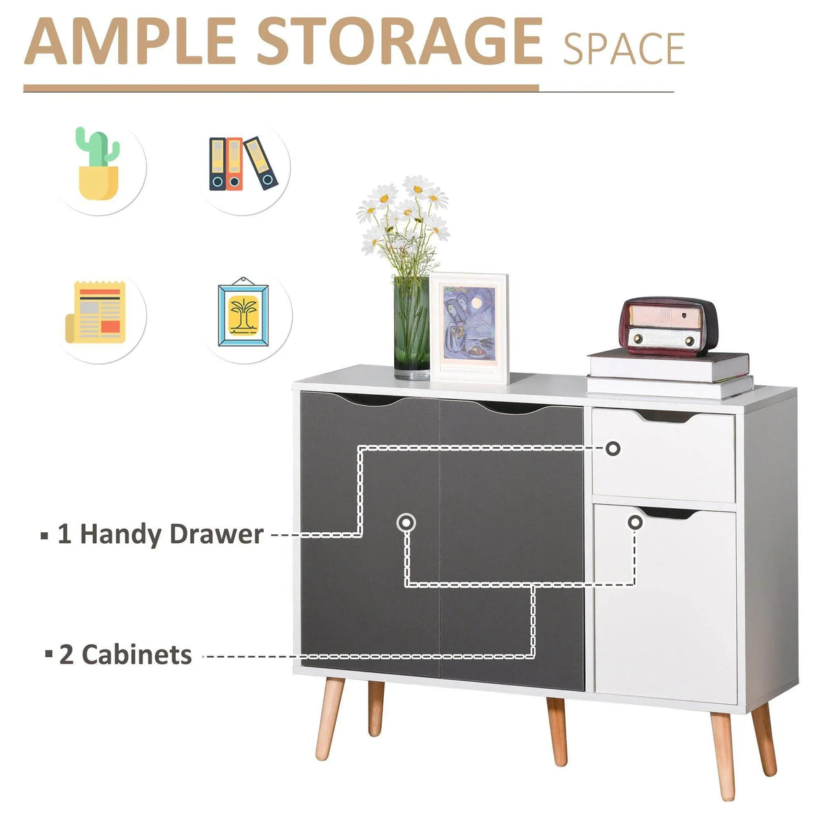 Grey and white sideboard cabinet with two cabinet doors and two drawers