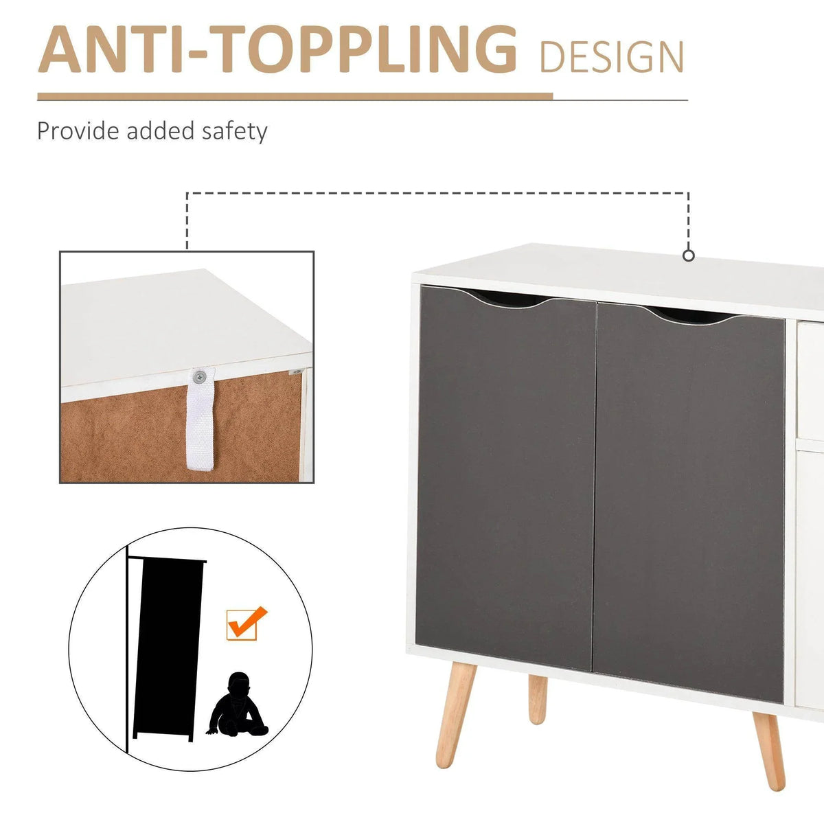 Grey and white sideboard cabinet with cabinet doors and drawer, tapered wooden legs