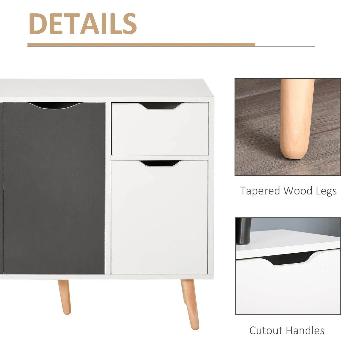 Grey and white sideboard cabinet detail: cutout handles and tapered wooden legs