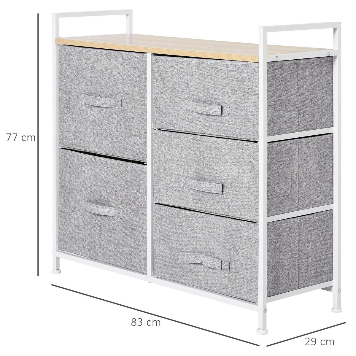 Grey fabric storage unit with white frame, 5 drawers, and light wood tabletop, side view