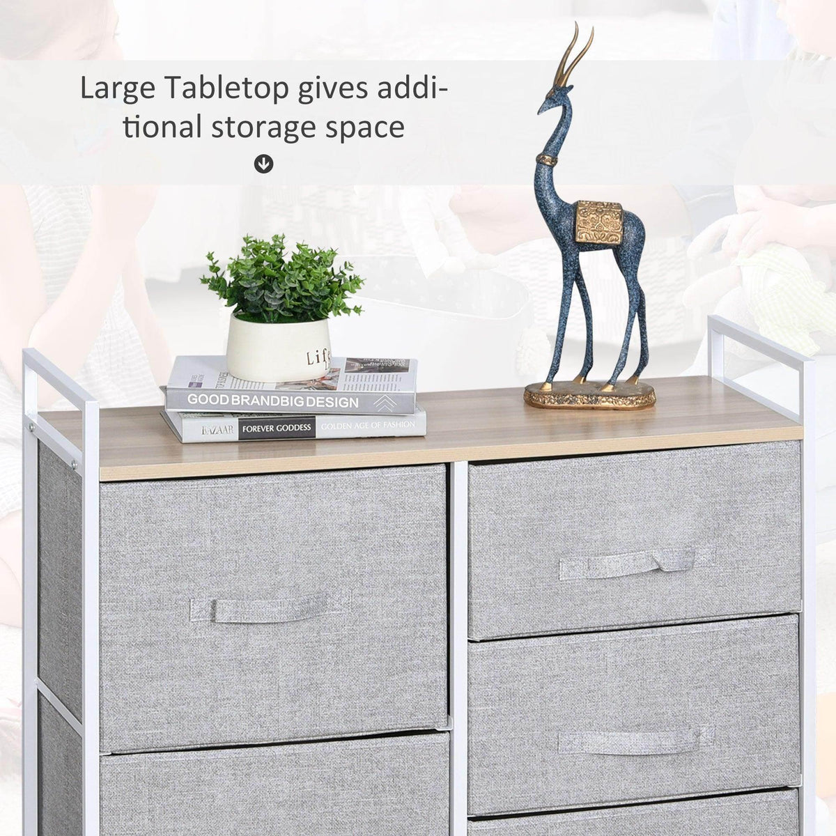Grey fabric hallway storage unit with 5 drawers and light wood top shelf, front view