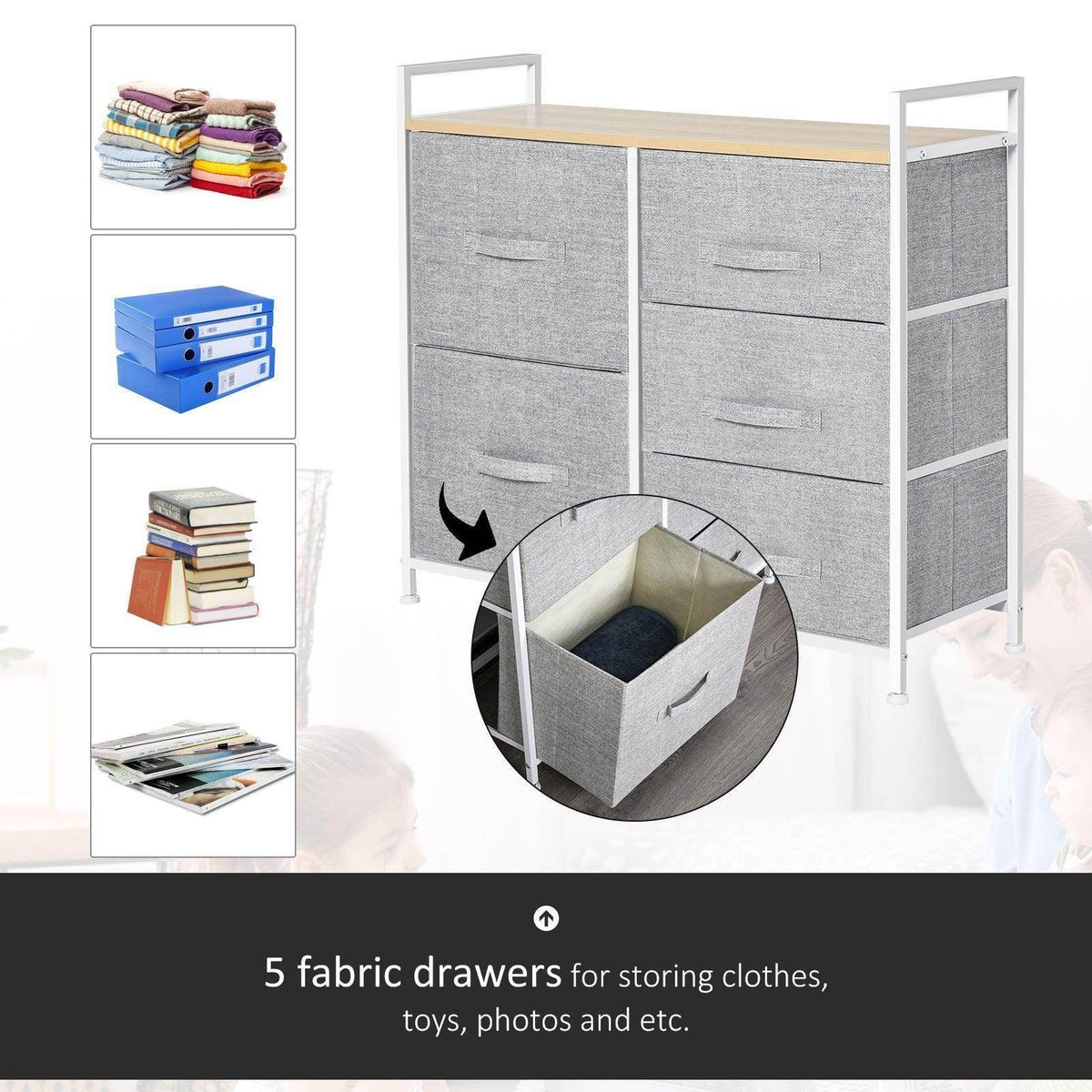 Grey fabric storage unit with 5 drawers and light wood tabletop, front corner angle