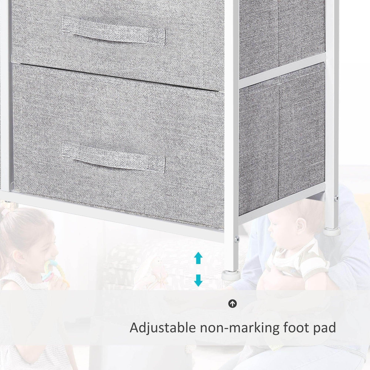 Grey fabric drawer fronts with curved pull handles on a white-framed storage unit