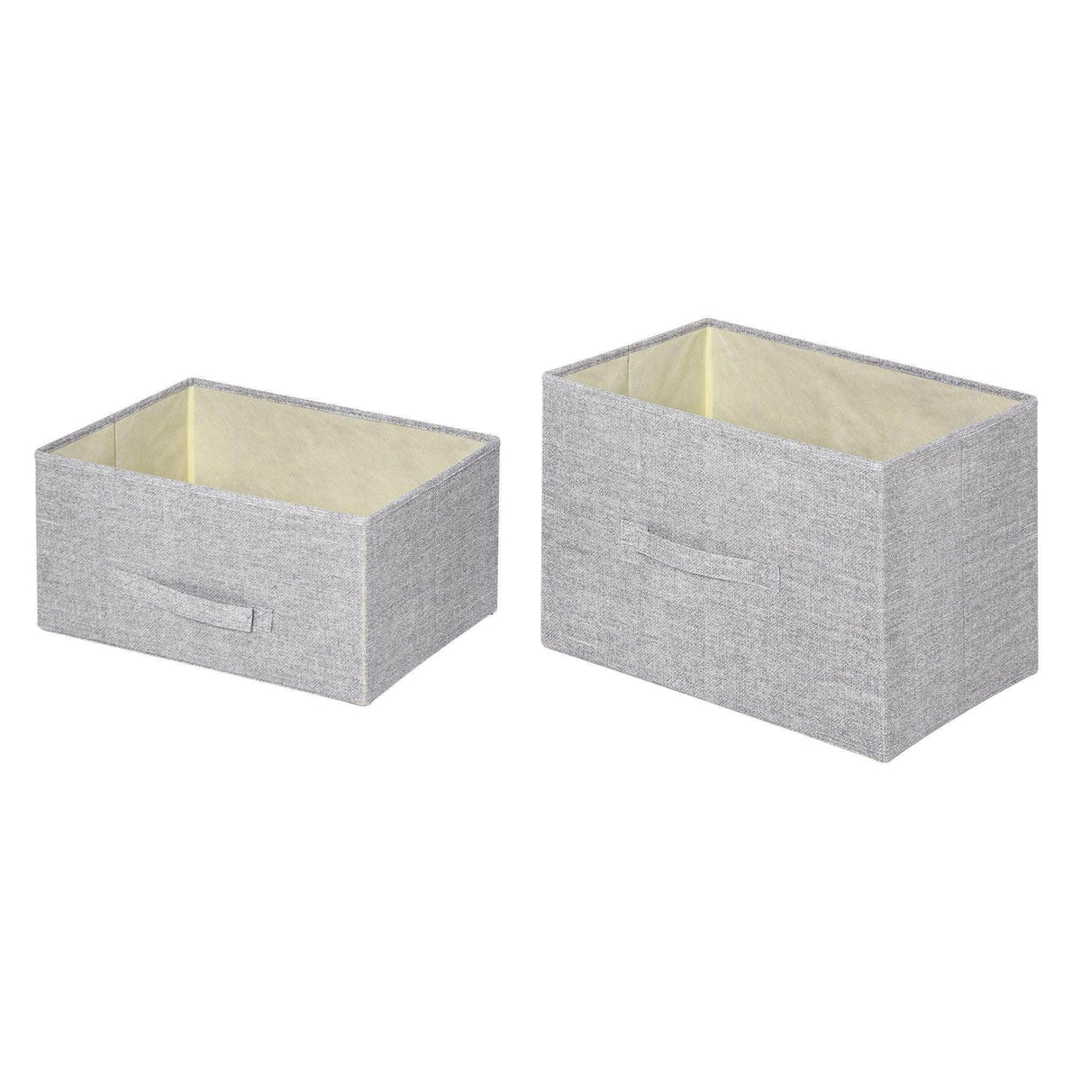 Two grey fabric storage bins with beige interiors and pull handles, stackable set