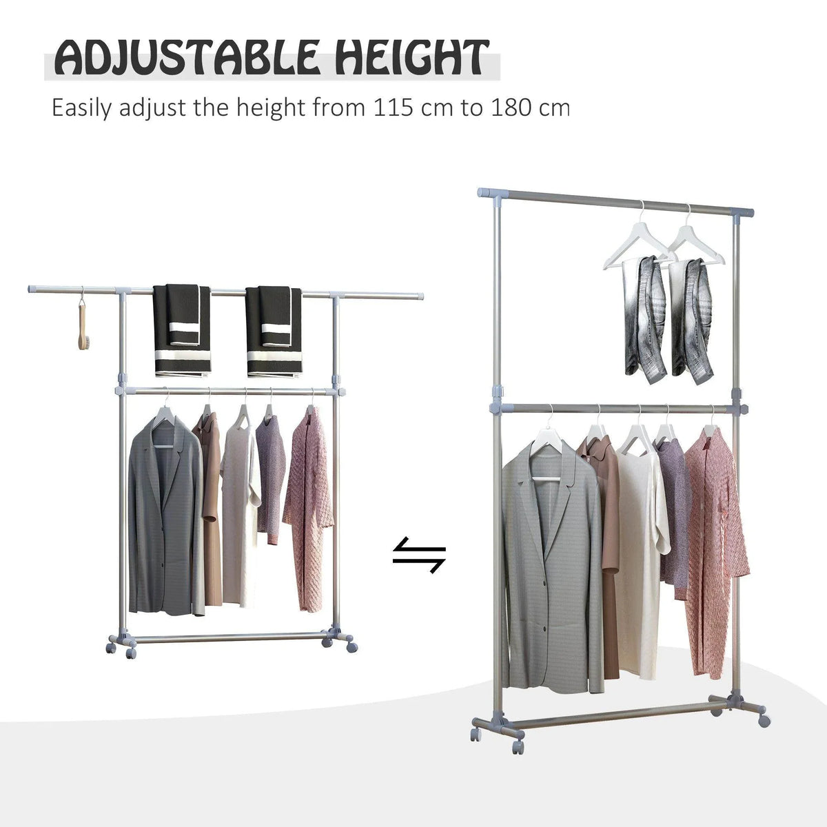 Adjustable-height clothes rack with metal frame and wheels, shown at two heights