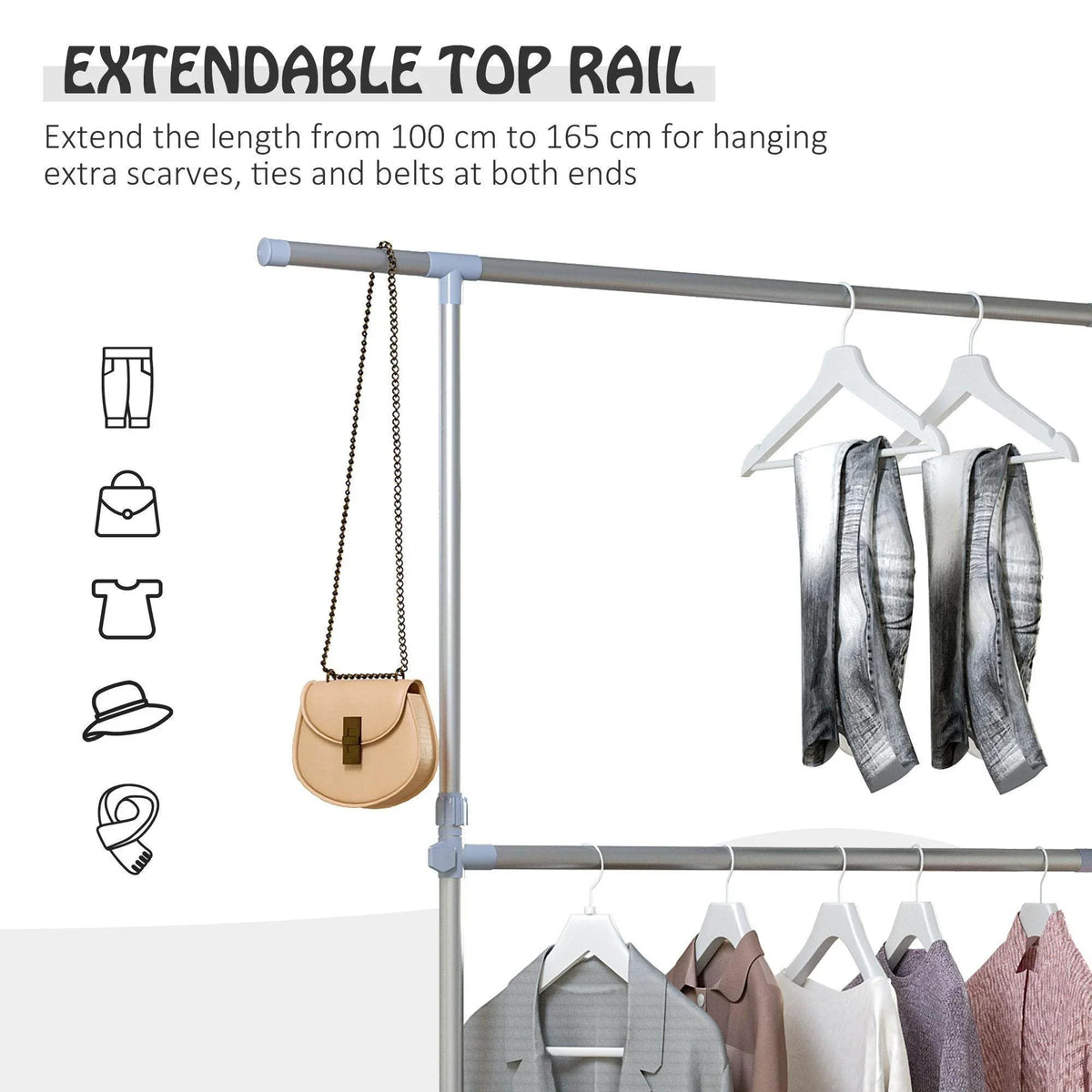 Clothes hanger rack with extendable top rail, hanging hooks, and chain accessory