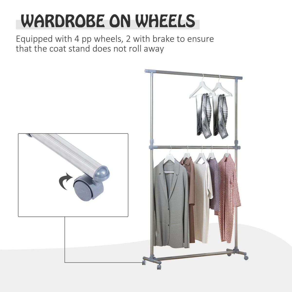 Clothes hanger rack on wheels with four-pipe frame and hanging shirts on hangers