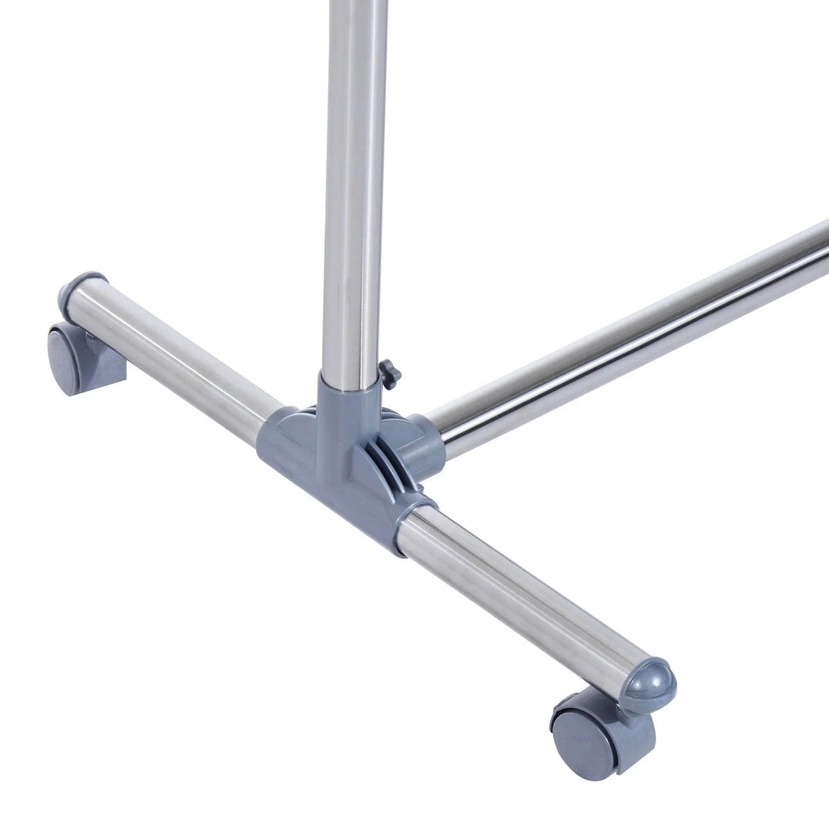 Corner connection on a rolling clothes hanger rack with end caps and caster feet