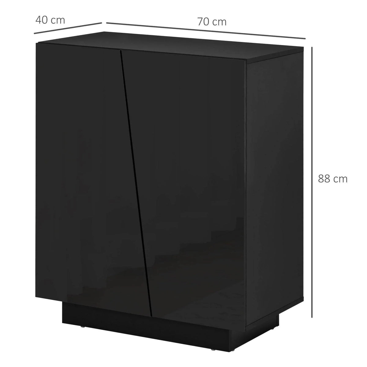 High-gloss black storage cabinet with two doors and overall size labels