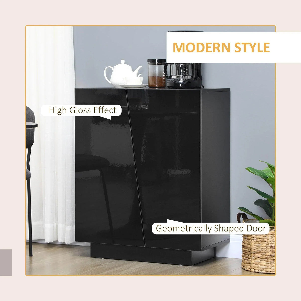 High-gloss black storage cabinet with two-panel doors and modern geometric styling