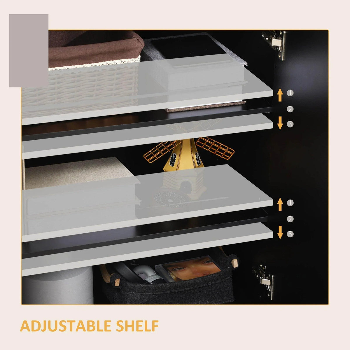Adjustable shelf interior with three open levels inside a high-gloss black cabinet
