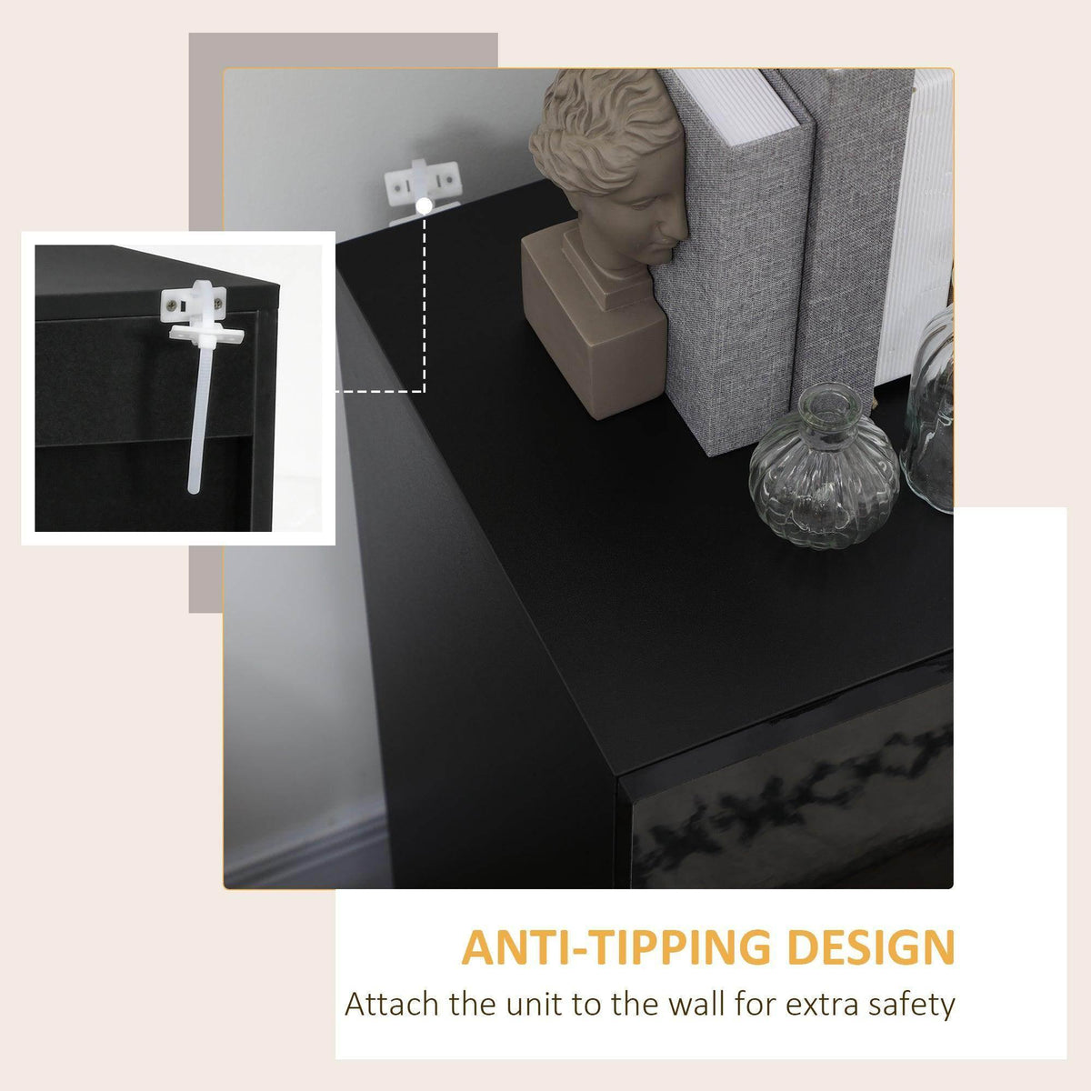 Anti-tipping wall-mount storage cabinet with open shelves and high-gloss black finish