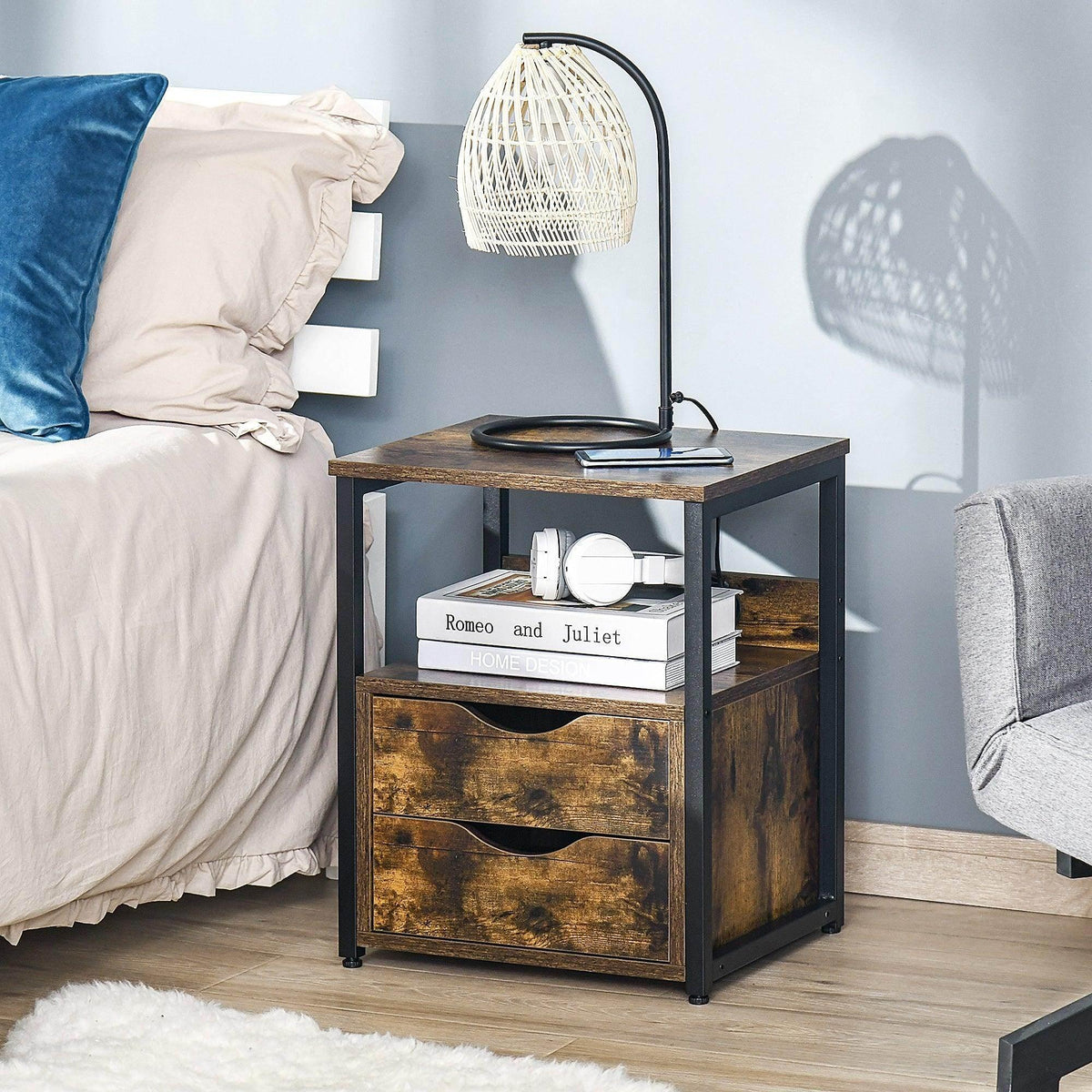 Brown industrial side table with tabletop, open shelf, and two drawers