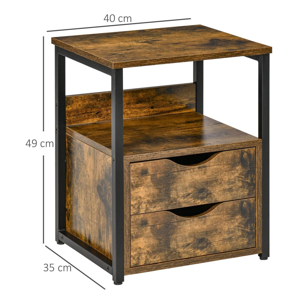 Brown industrial side table with open shelf and two drawers, front view with size marks
