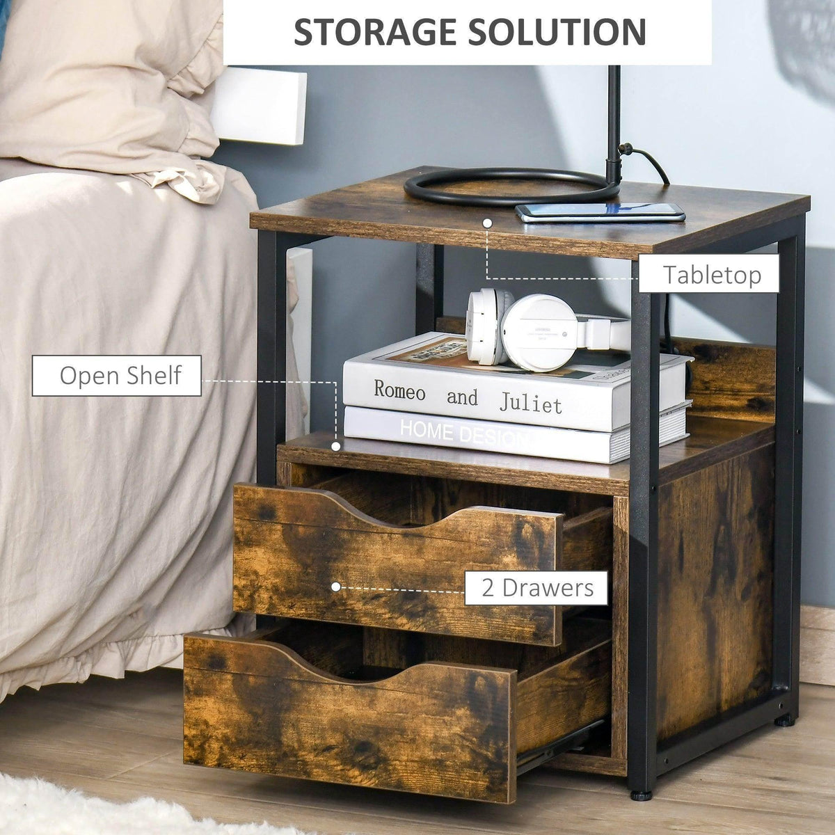 Brown industrial side table with open shelf, tabletop, and two drawer fronts