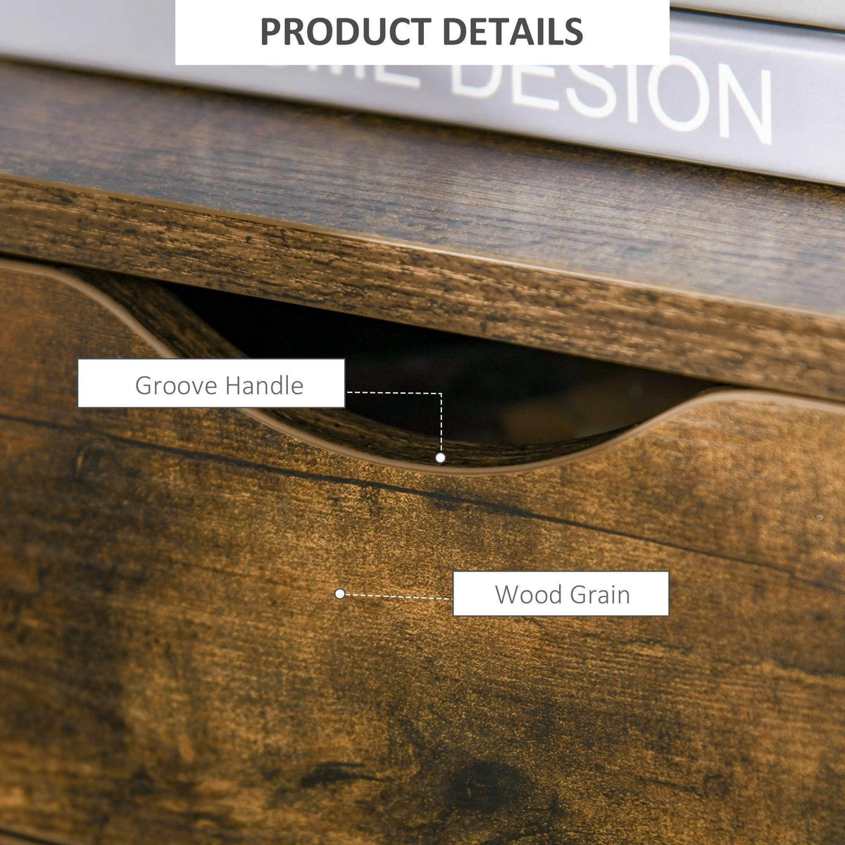 Brown drawer front with curved groove handle and wood-grain finish