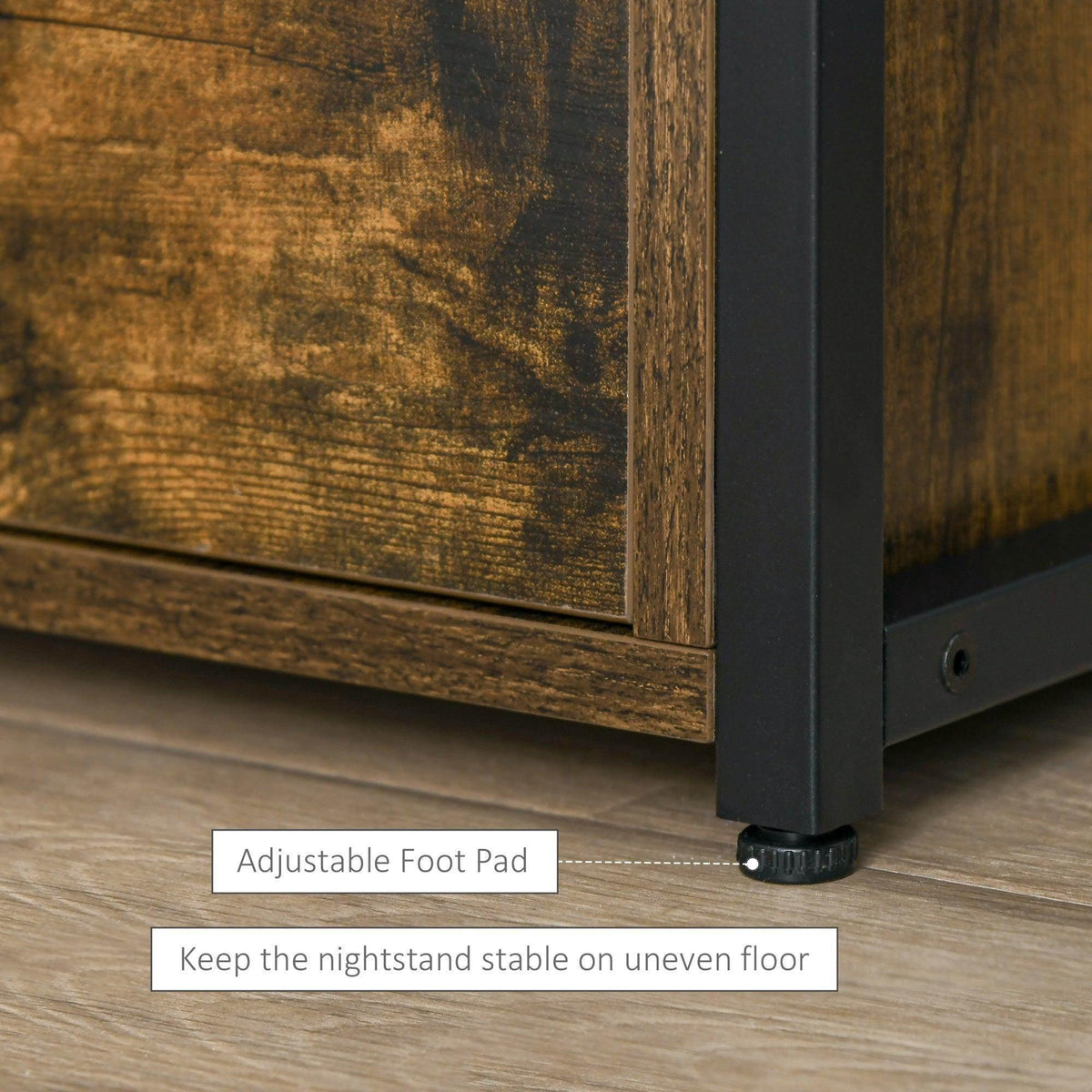 Brown side table base with adjustable foot pad for stability