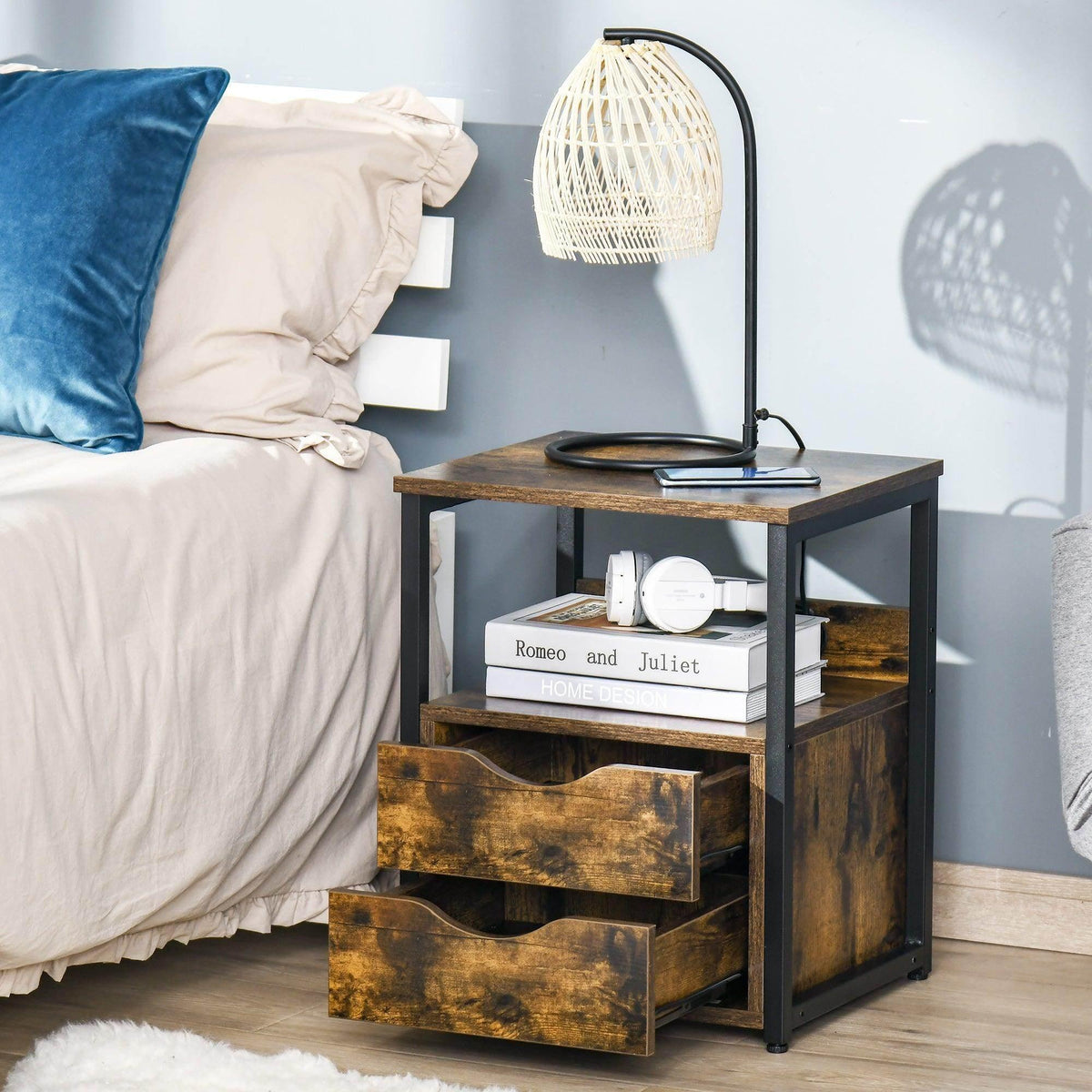 Brown industrial side table with tabletop, open shelf, and two drawers, black metal frame