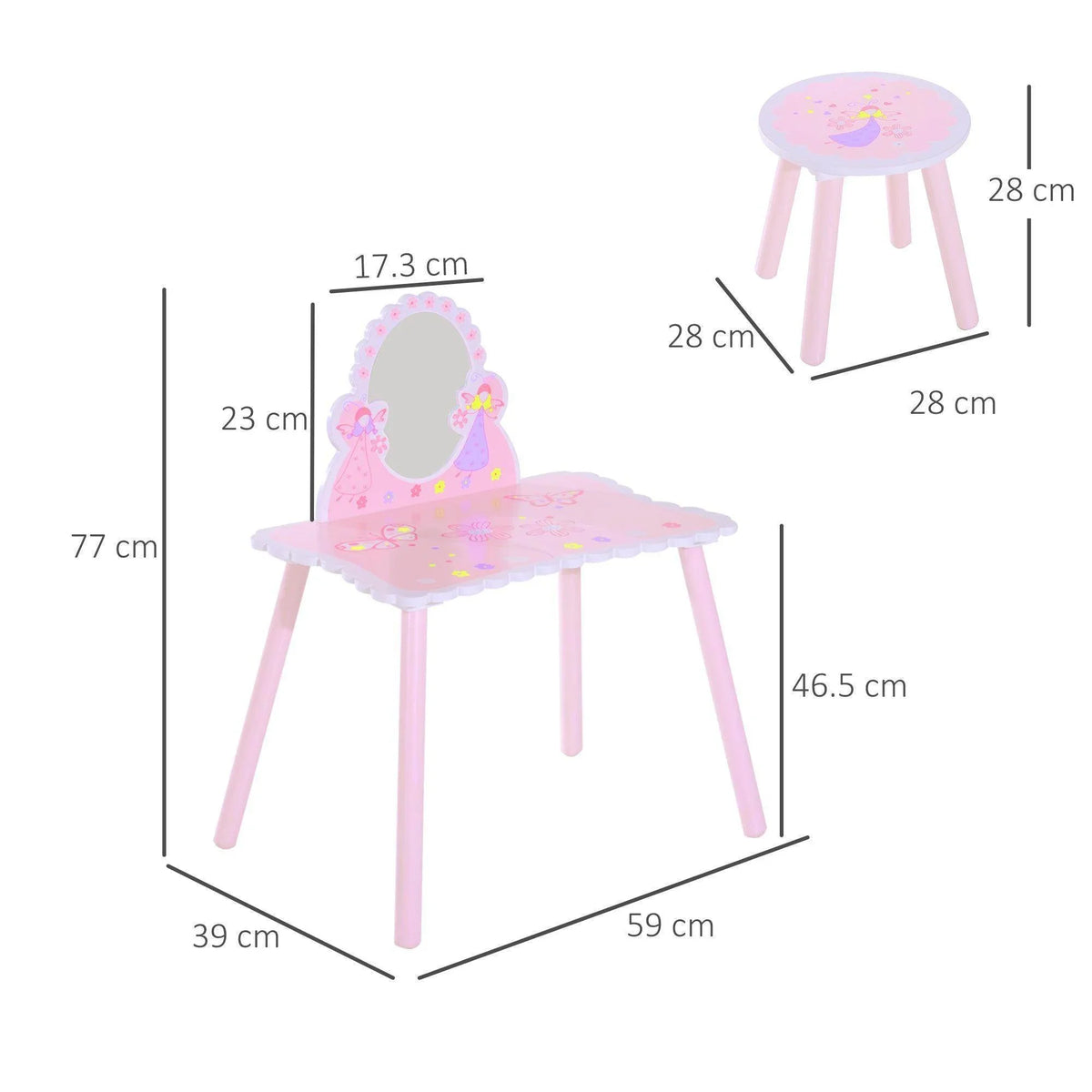 Pink kids dressing table with oval mirror and stool, size details shown.