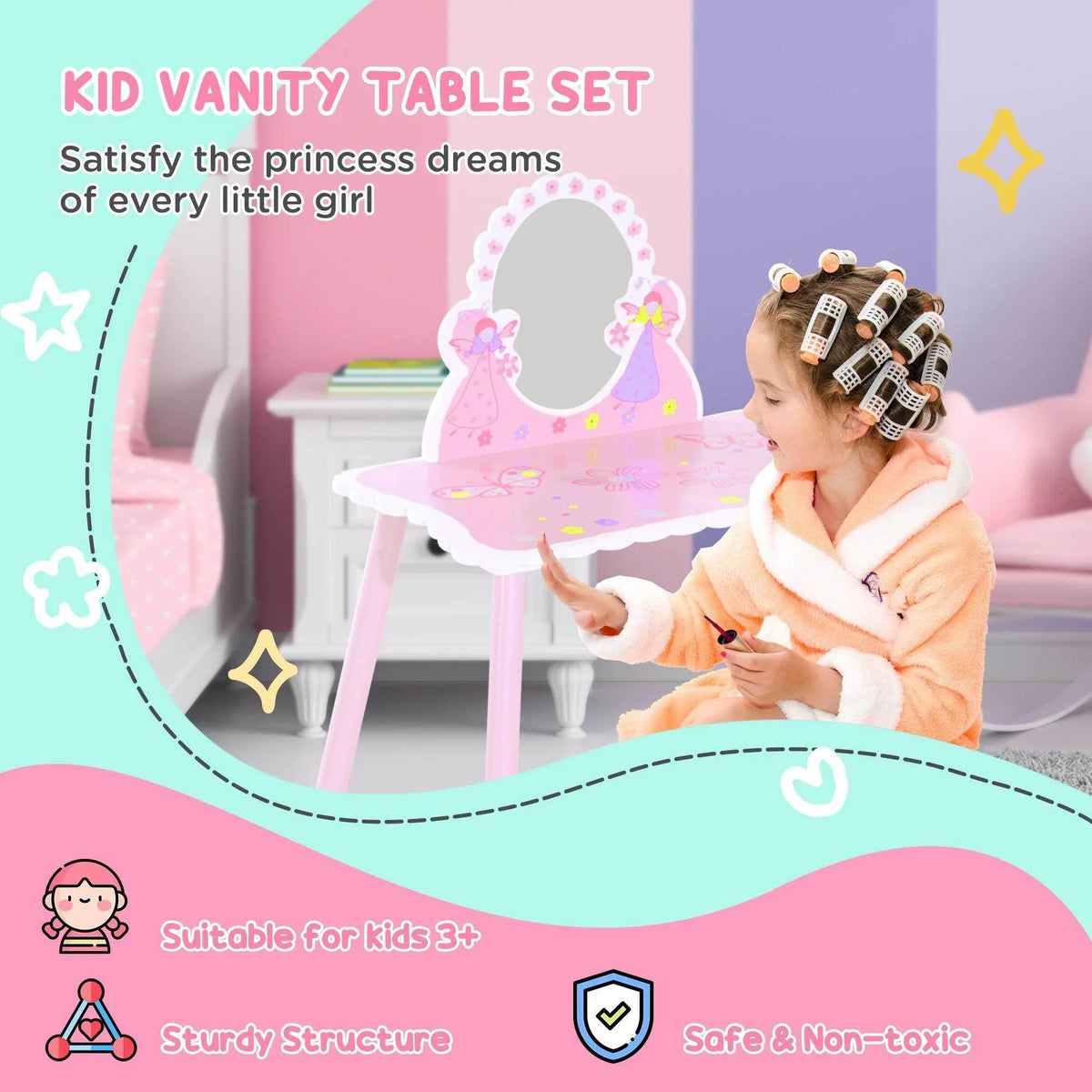 Kids pink vanity table set with oval mirror and matching stool for pretend play.