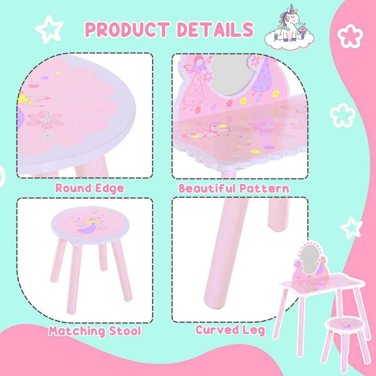 Pink kids vanity table set with oval mirror, rounded tabletop, curved legs.