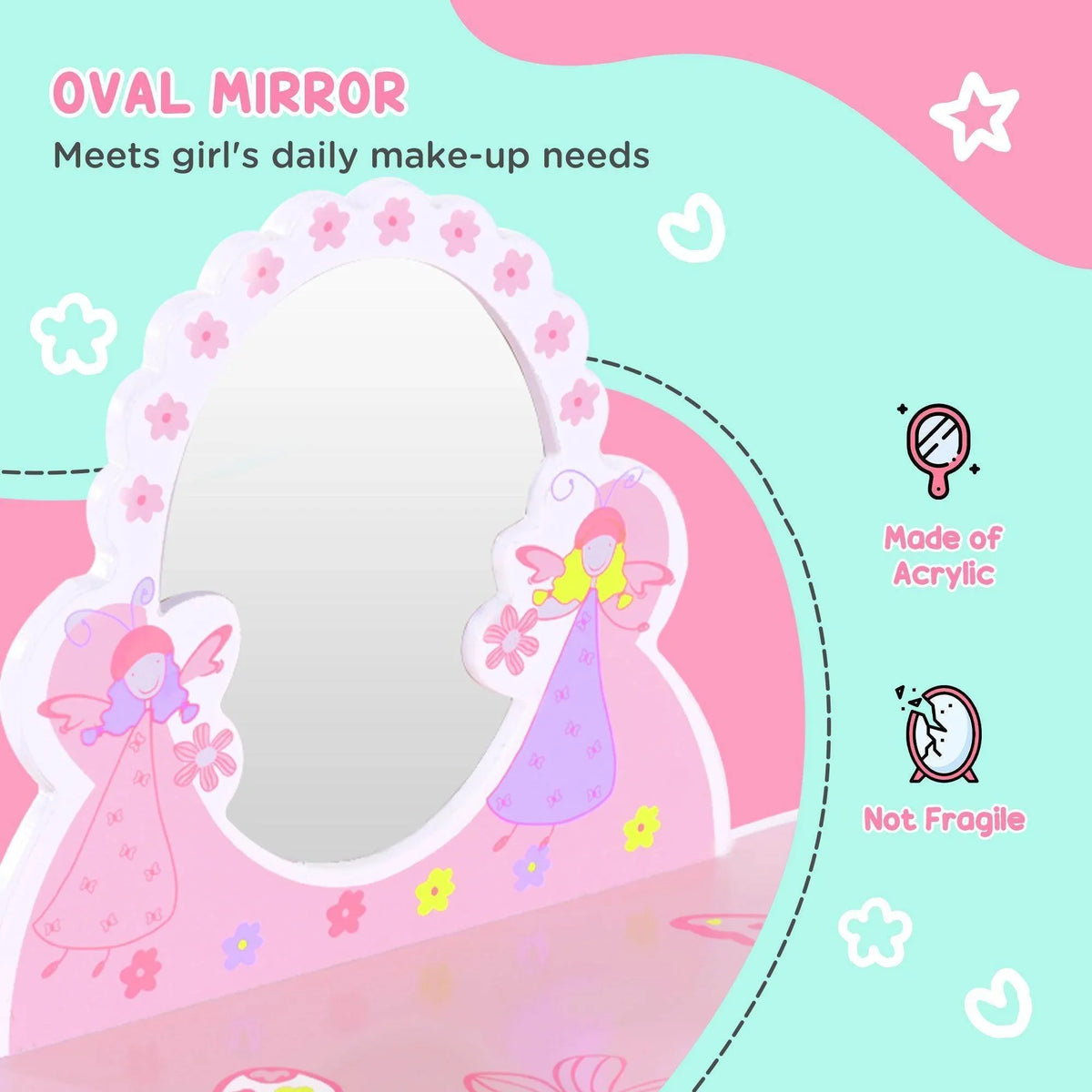 Oval vanity mirror with pink floral frame on a kids dressing table.