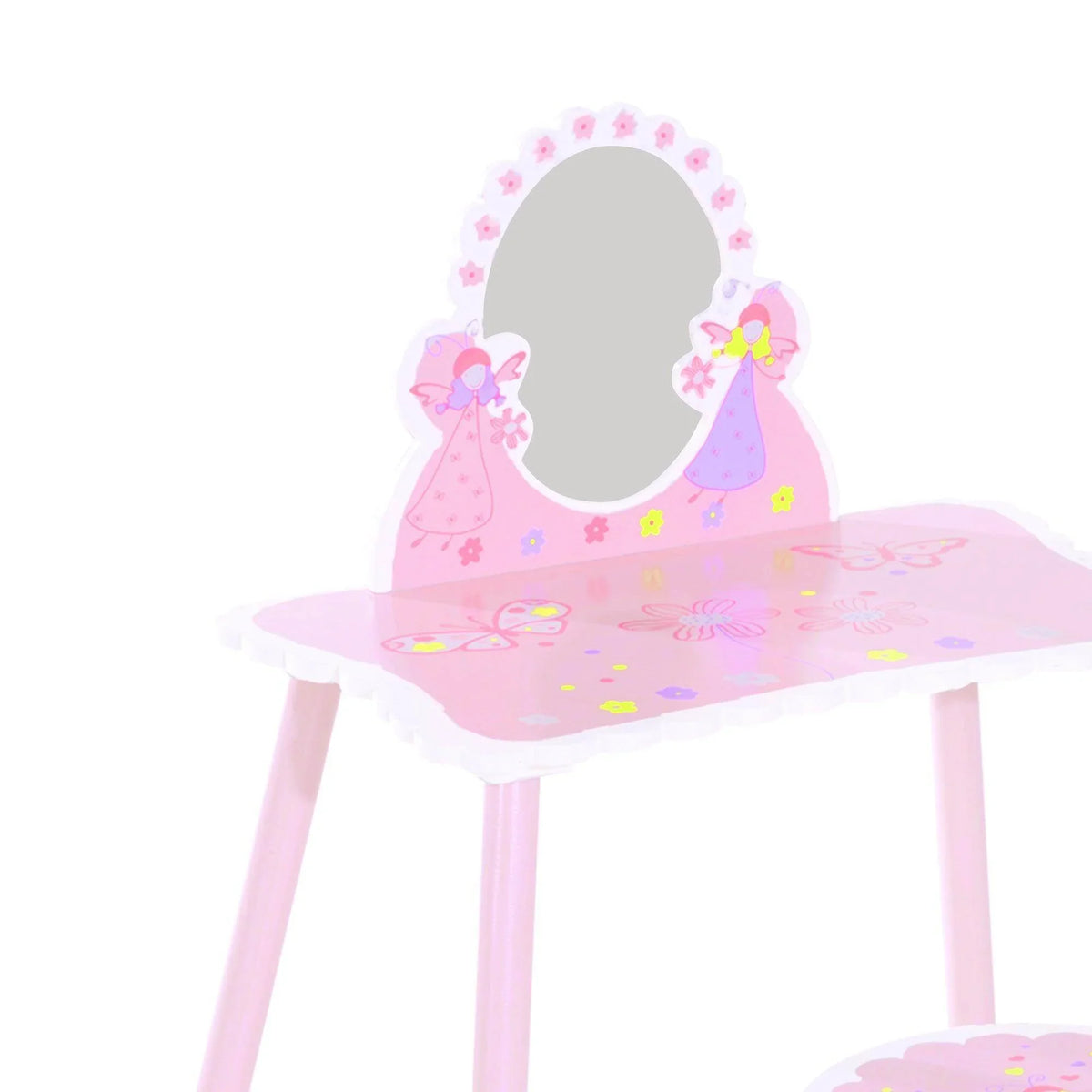 Pink kids dressing table with oval mirror and decorative tabletop pattern.