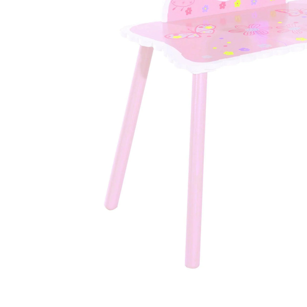 Pink kids vanity table legs under a decorative tabletop with oval mirror.