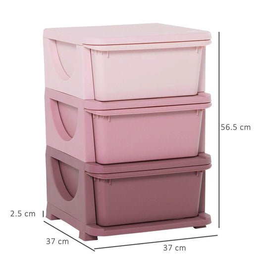Kids toy storage organizer with three lidded bins and rounded handles, pink and plum tones