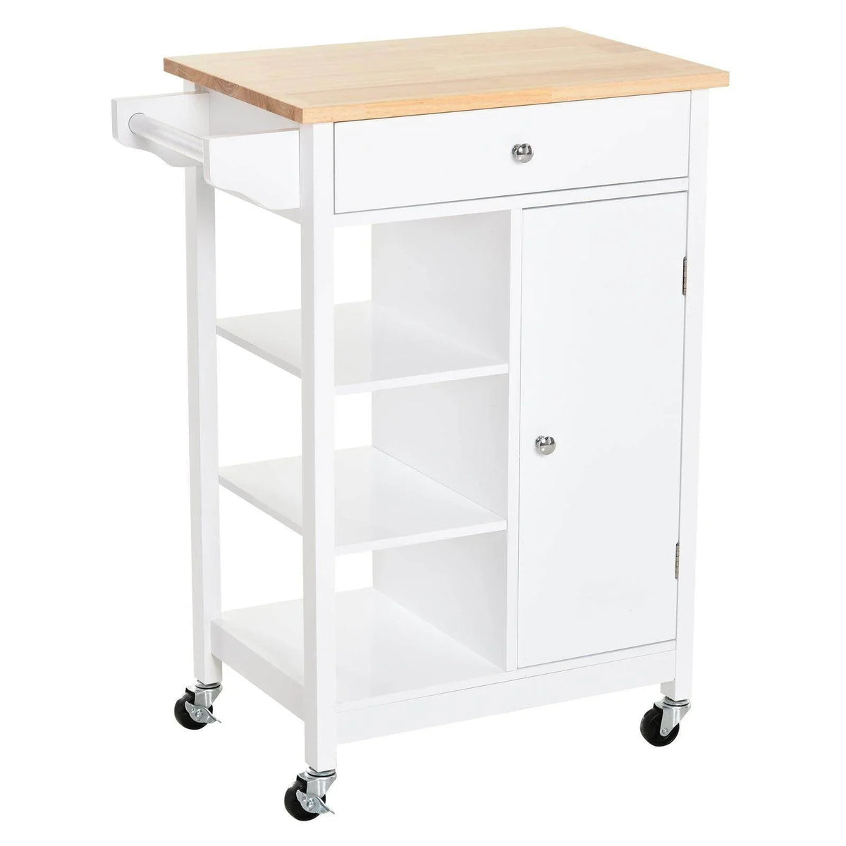 White kitchen trolley unit with light wood top, open shelves, and cabinet doors on casters
