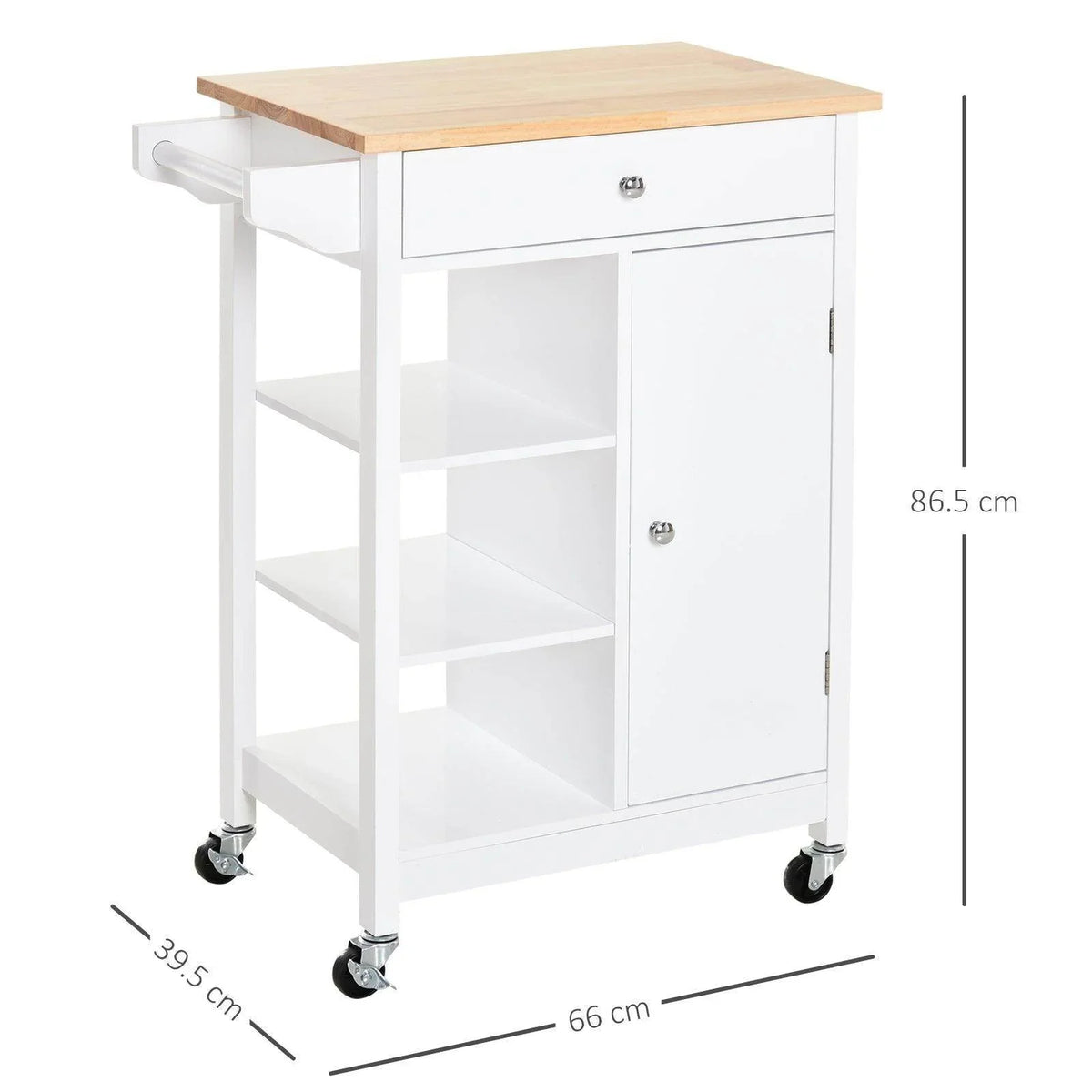 White kitchen trolley with light wood worktop, drawer, open shelving, and rolling casters