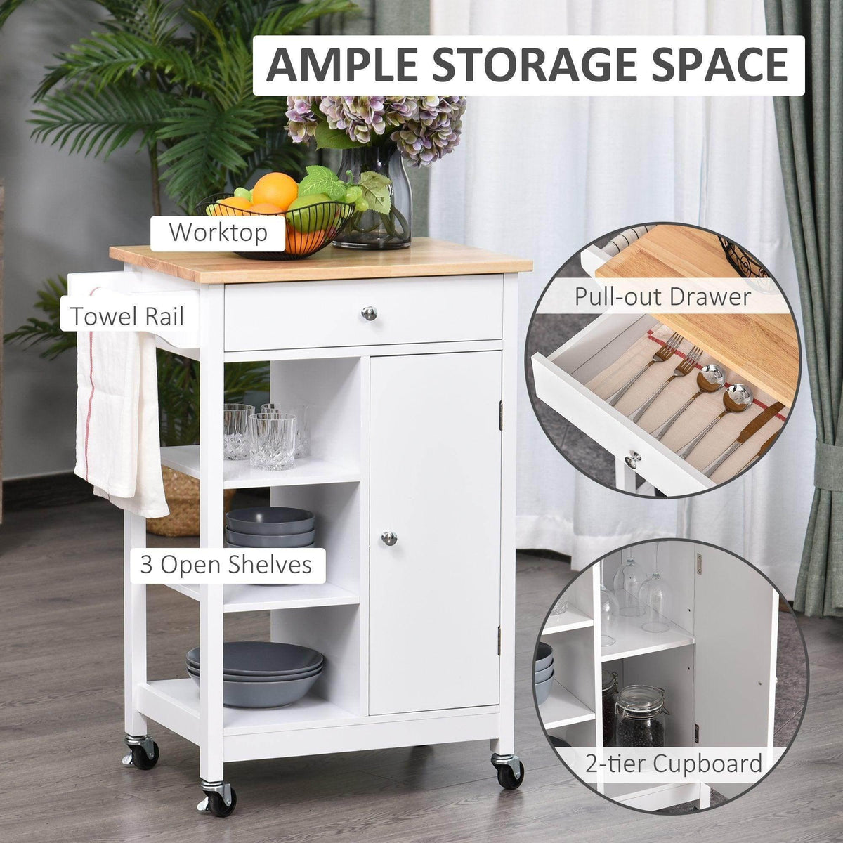 White kitchen trolley with light wood top, towel rail, pull-out drawer, and open shelves