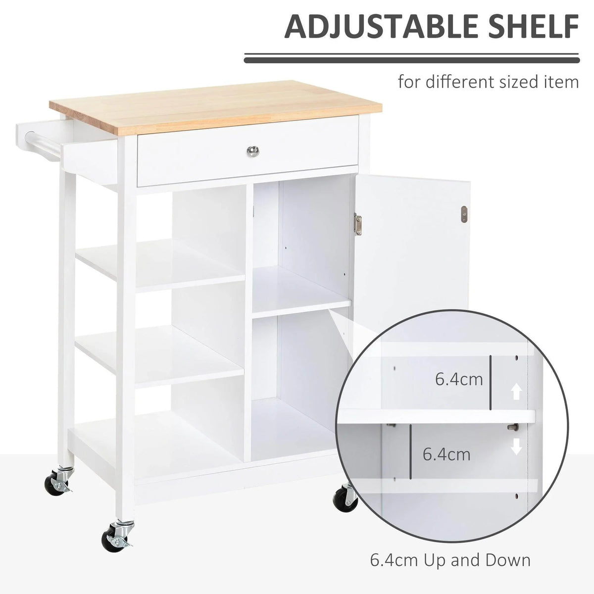 White kitchen trolley cabinet with adjustable shelves, light wood top, and cabinet doors