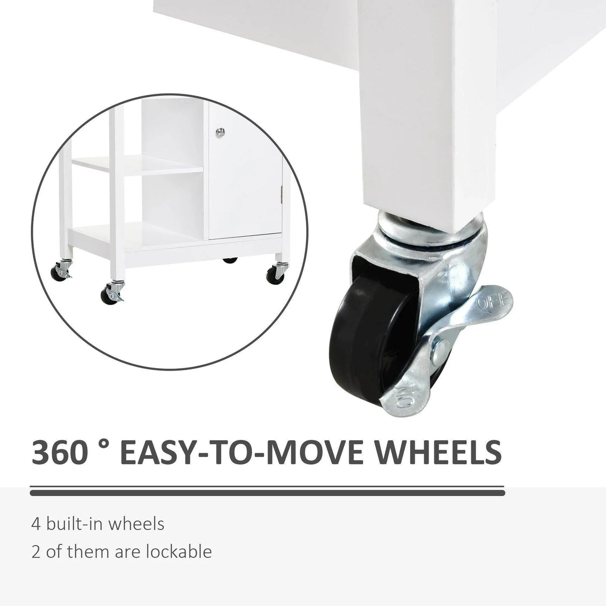 White kitchen trolley unit with 360 easy-move wheels and lockable caster casters
