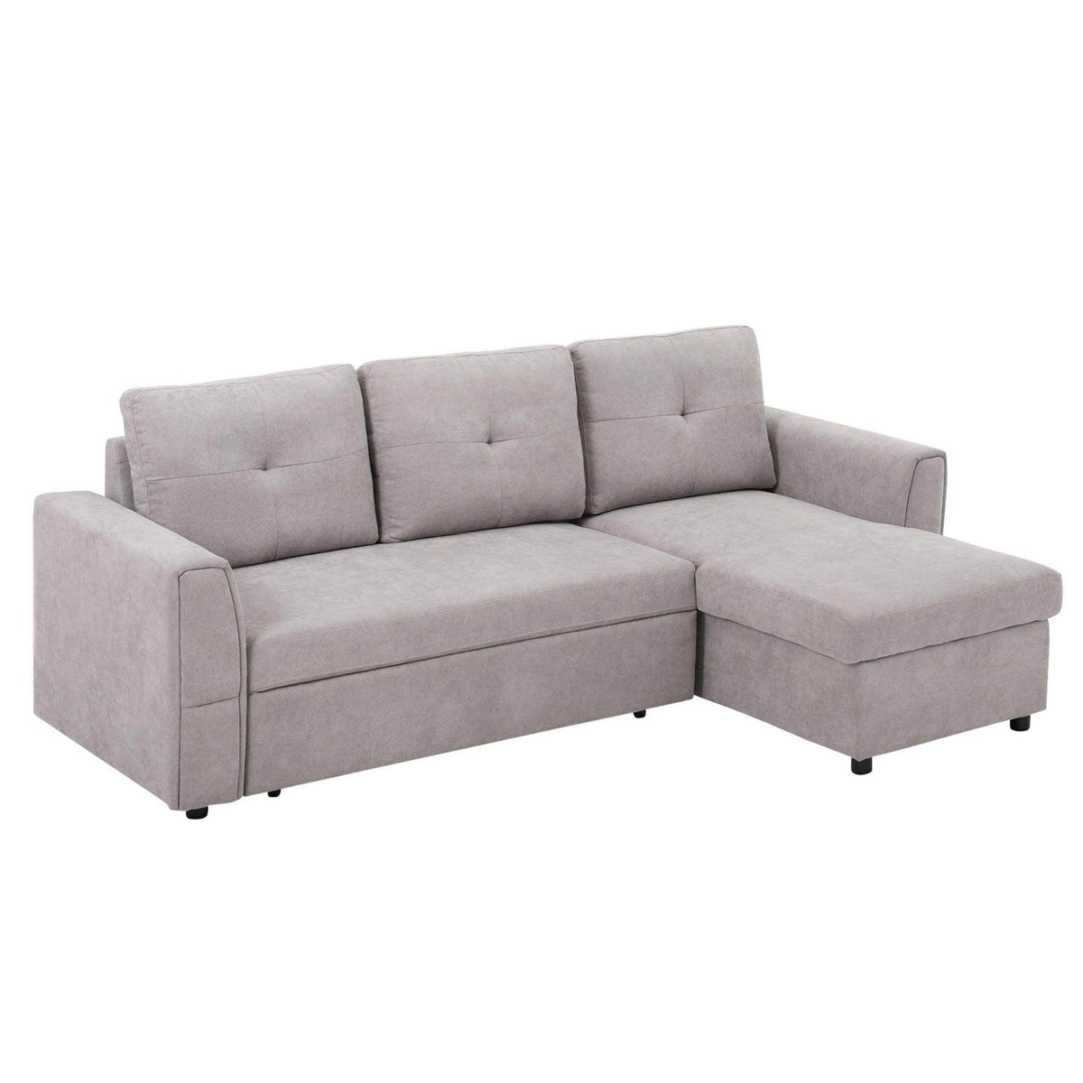 Grey L-shaped sofa bed with storage, tufted seat and back cushions