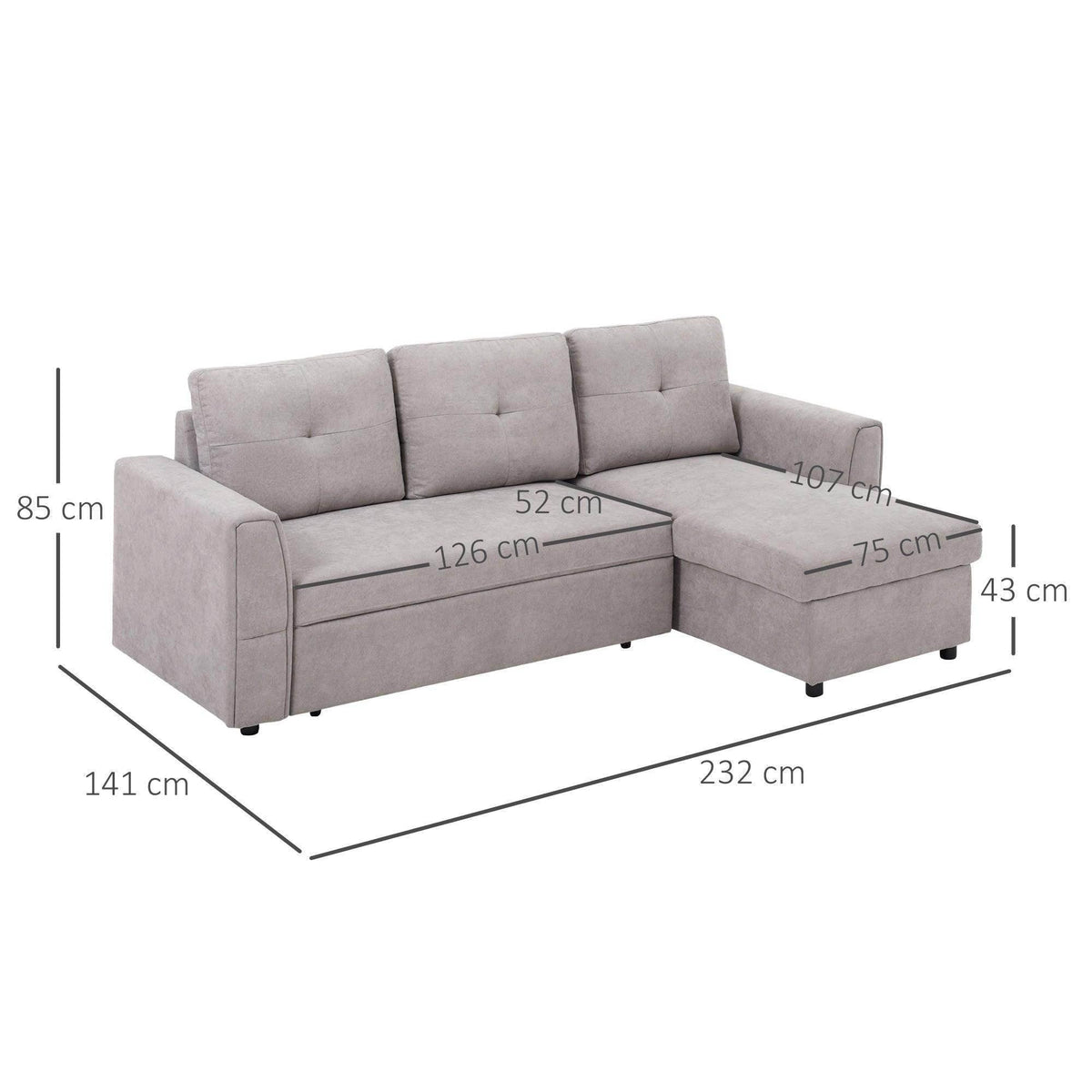 Grey L-shaped sectional sofa bed with chaise extension, padded arms and back