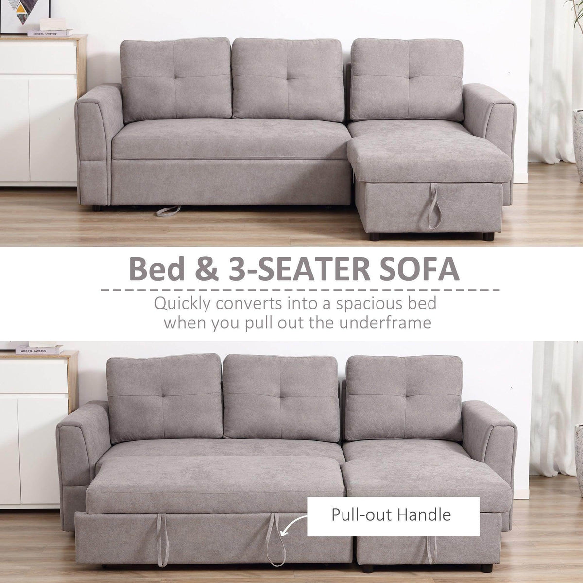 Grey sofa bed sectional with ottoman section, tufted back cushions and storage