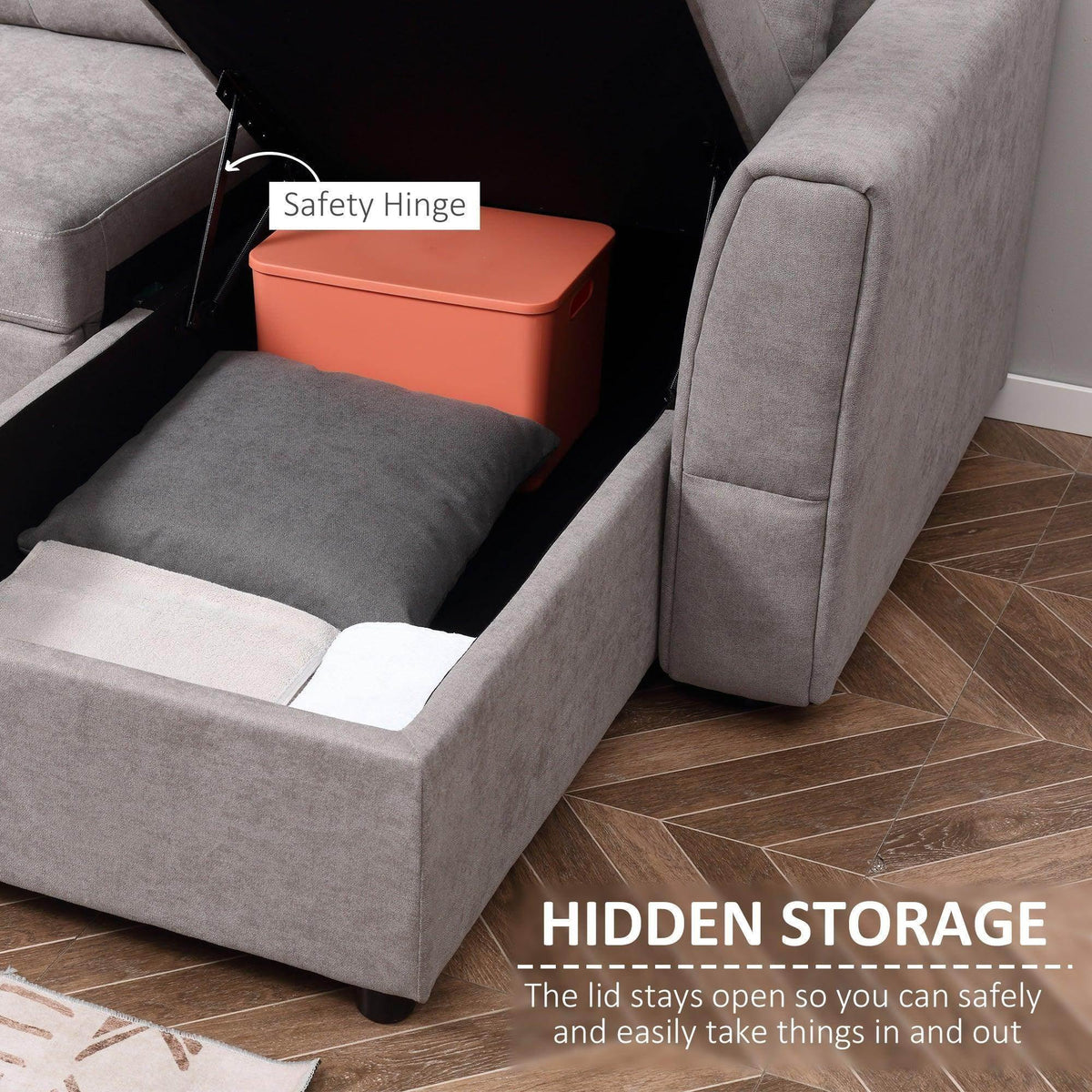 Grey sofa bed with hidden storage compartment open under the seat