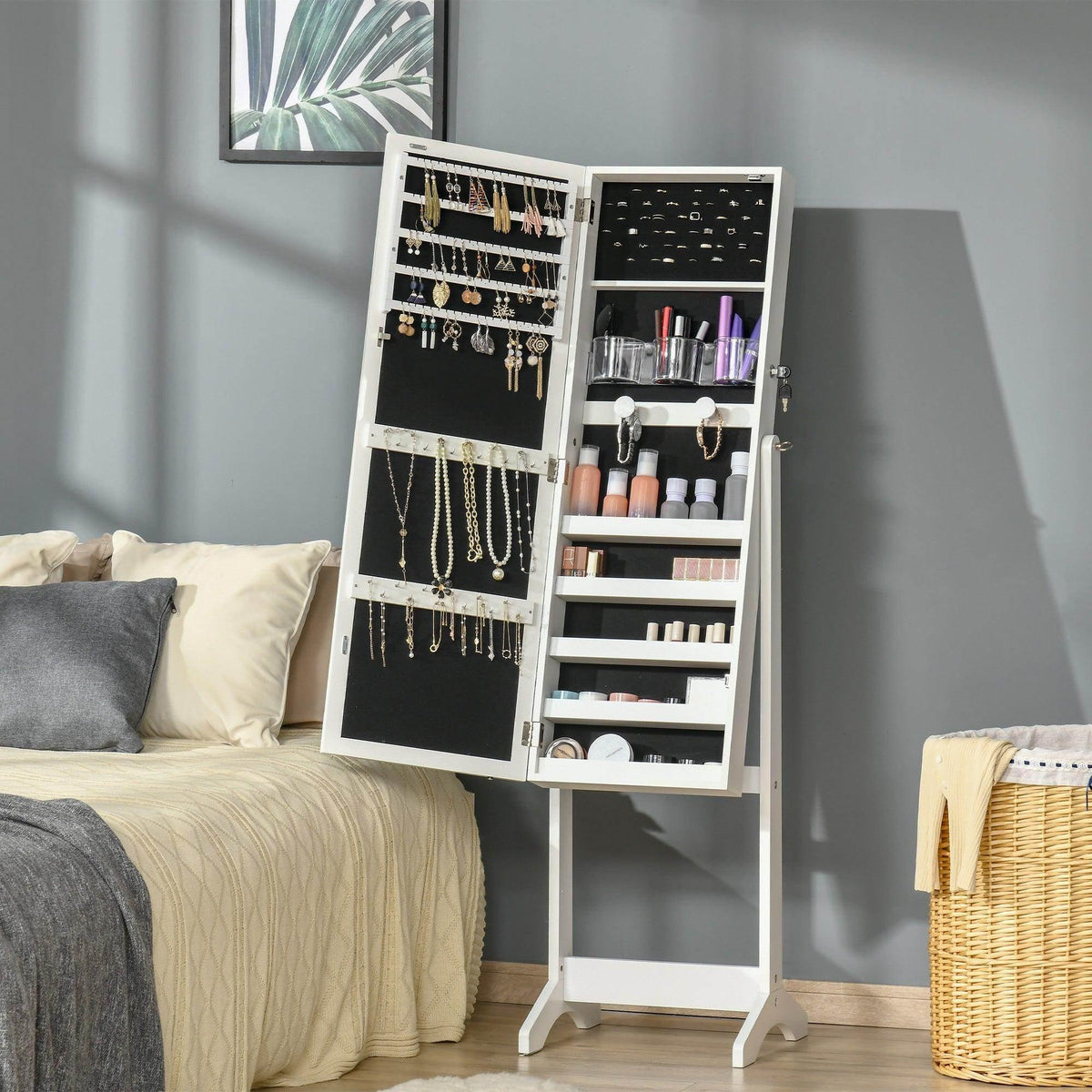 White lockable jewelry cabinet with full-length mirror and open earring storage compartments