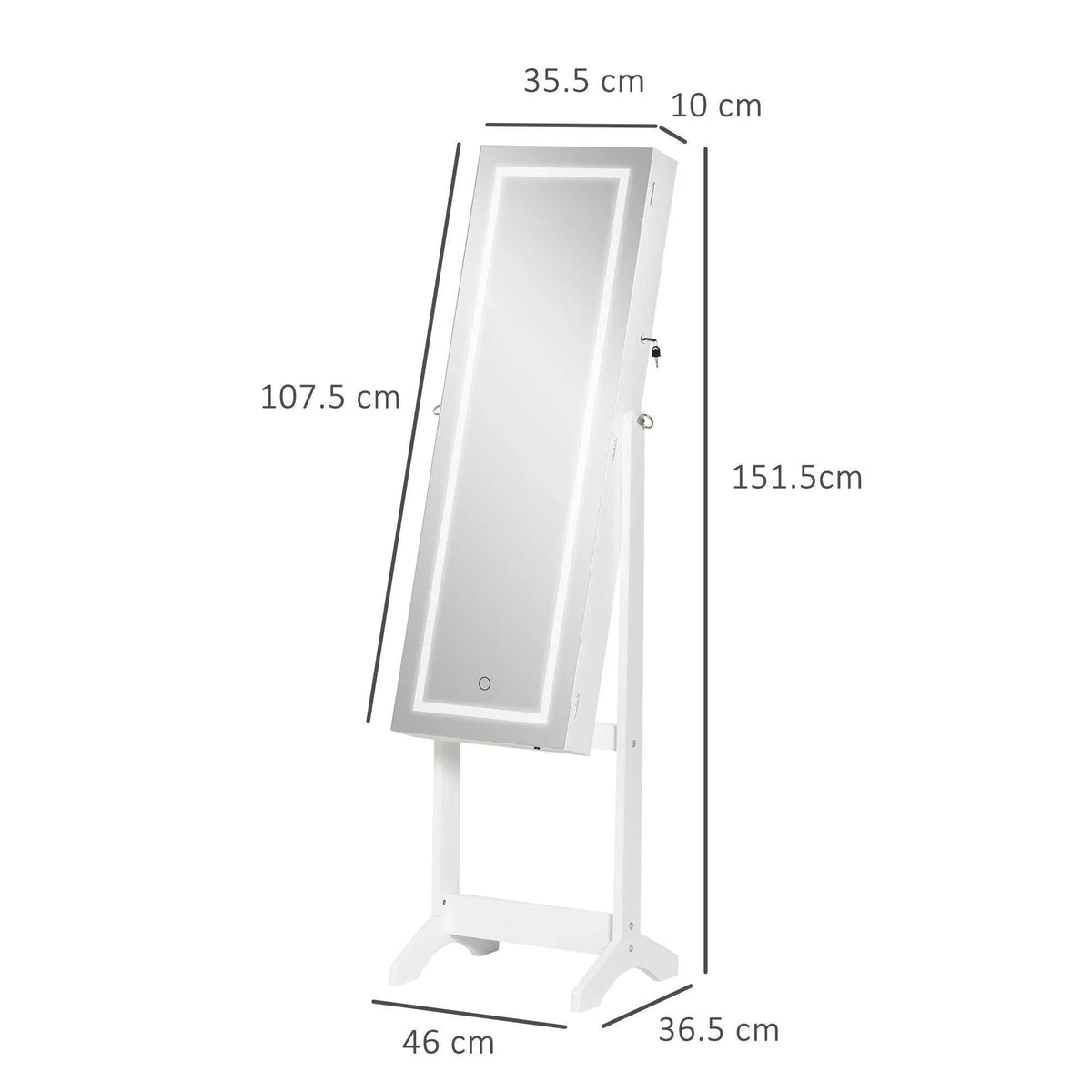 White floor-standing jewelry cabinet with hinged full-length mirror and lock