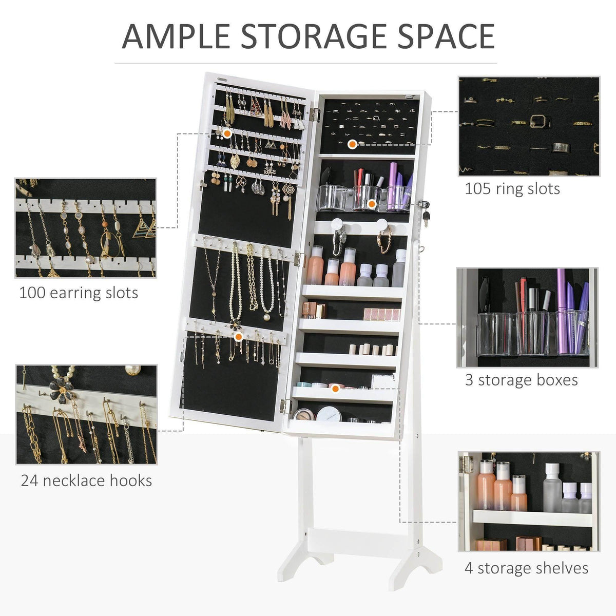 White lockable jewelry cabinet interior with earring hooks, ring slots, and storage shelves