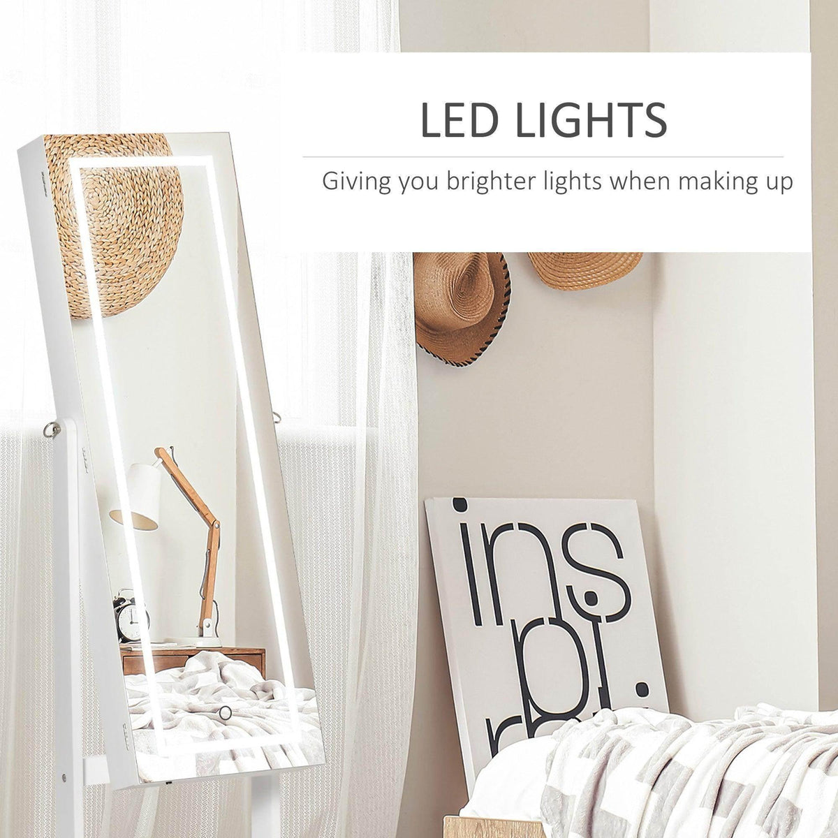 White jewelry cabinet with angled full-length mirror and open interior storage shelves
