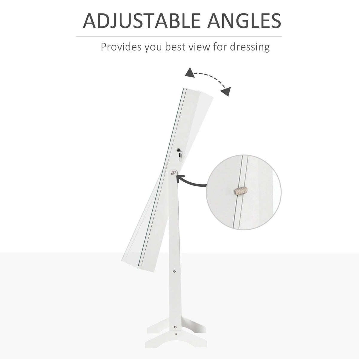 White mirror jewelry cabinet with adjustable tilt and stable stand legs