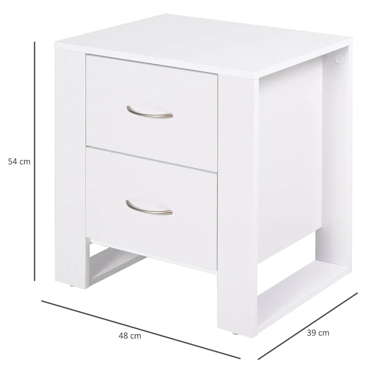 White bedside table with two drawers and curved metal pull handles, side view